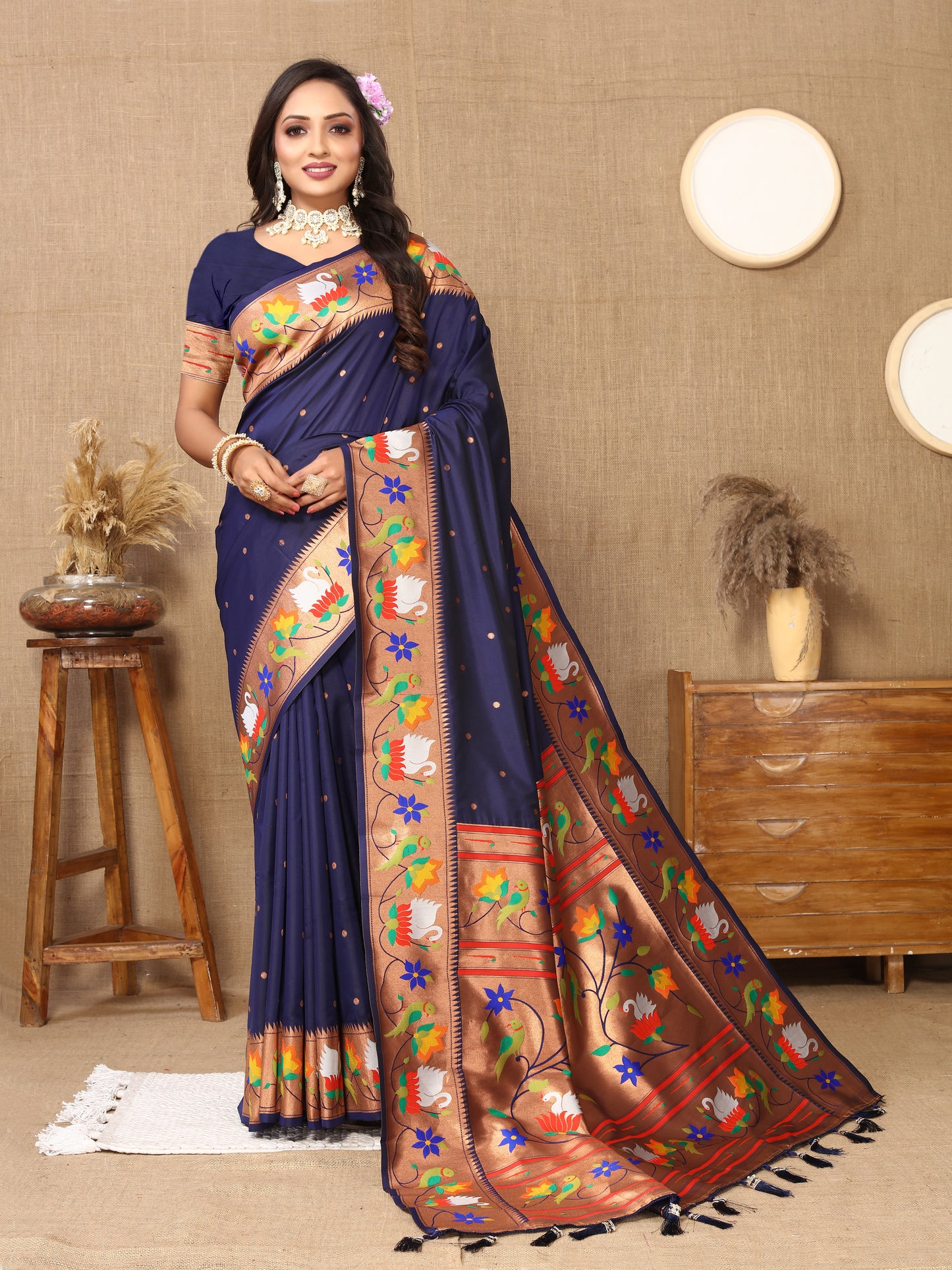 Soft  Paithani Navy Blue Silk Saree