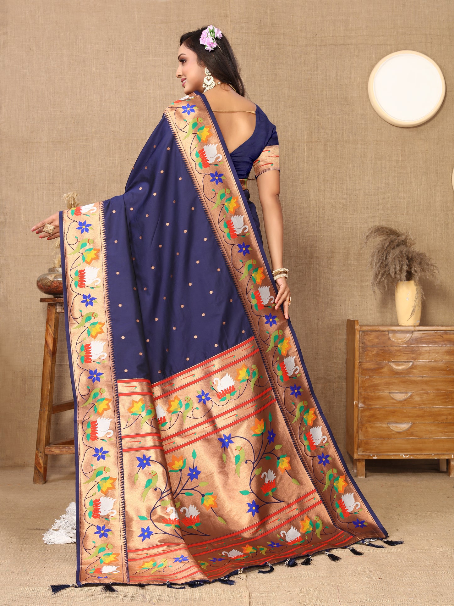 Soft  Paithani Navy Blue Silk Saree