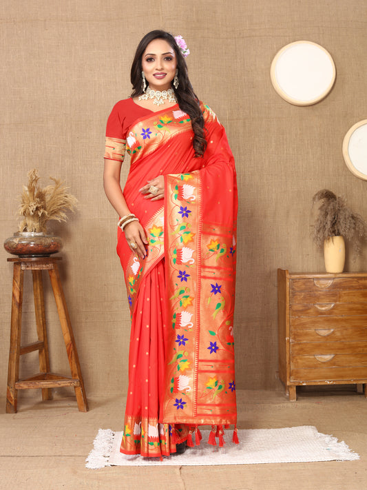 Soft  Paithani Tomato Silk Saree