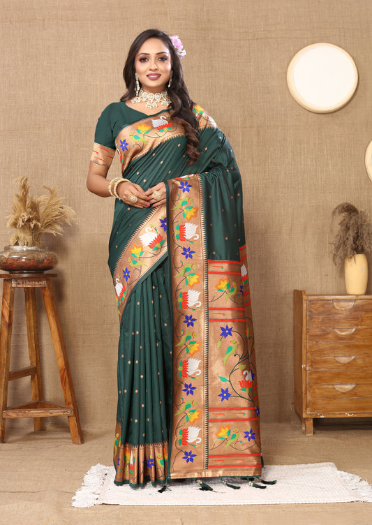 Soft  Paithani Dark Green Silk Saree