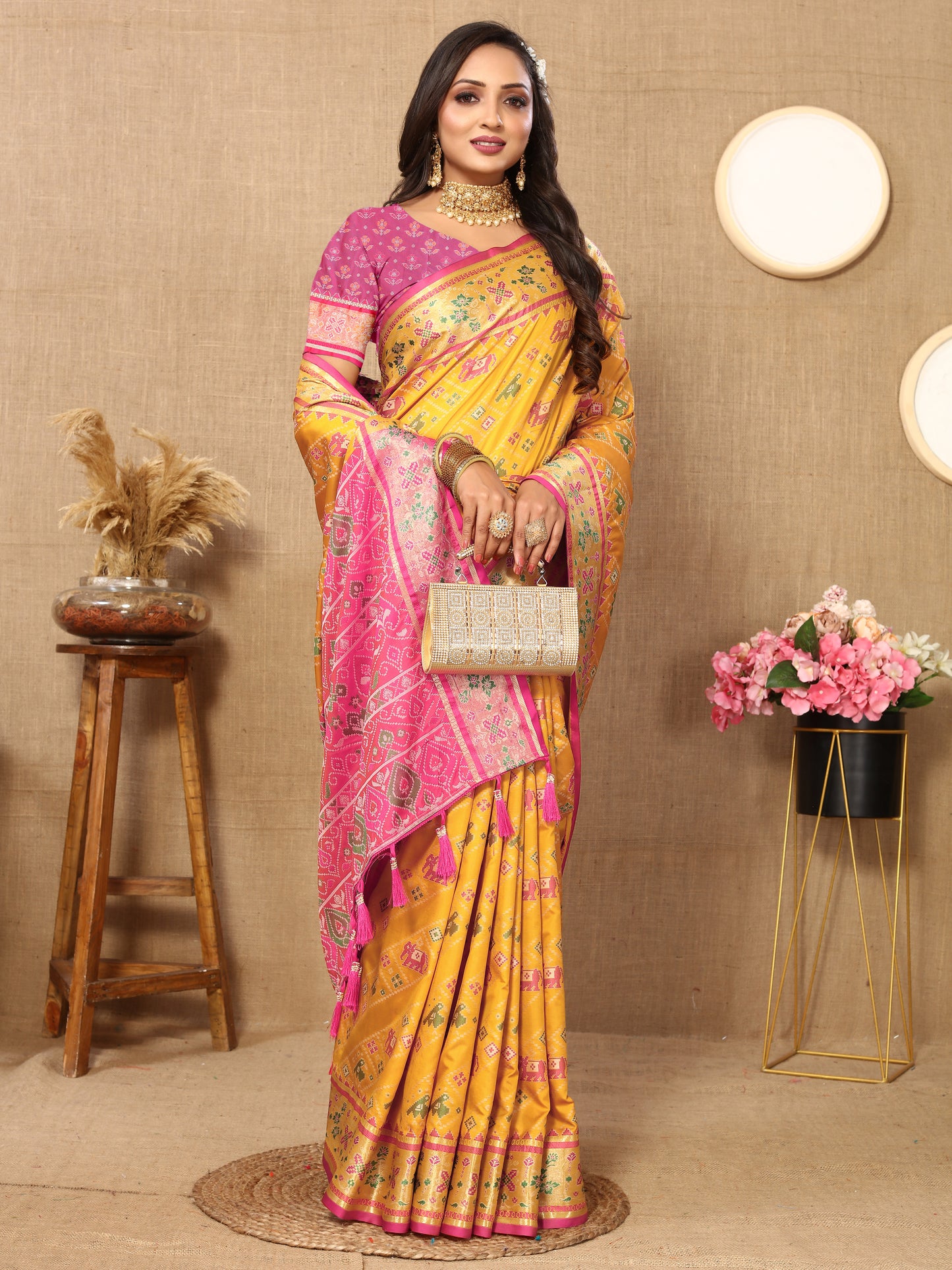 Soft Patola Yellow Saree With Meenakari Zari Weawing Motifs