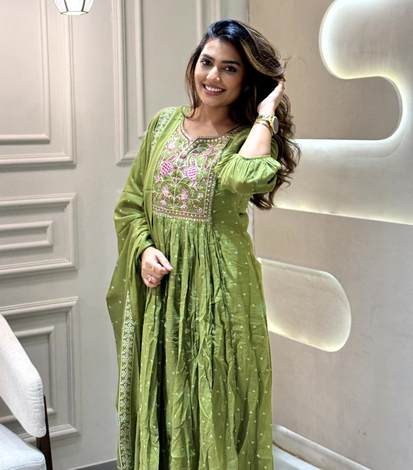 Printed Cotton Green  Kurti Set