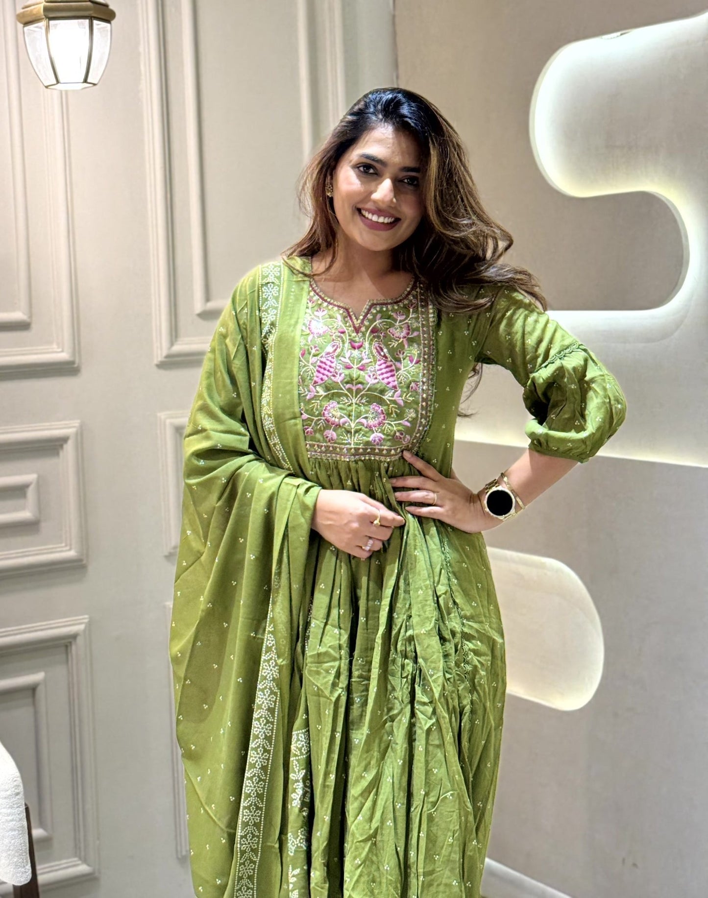 Printed Cotton Green  Kurti Set
