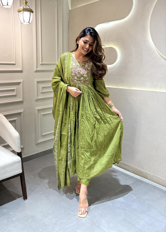 Printed Cotton Green  Kurti Set