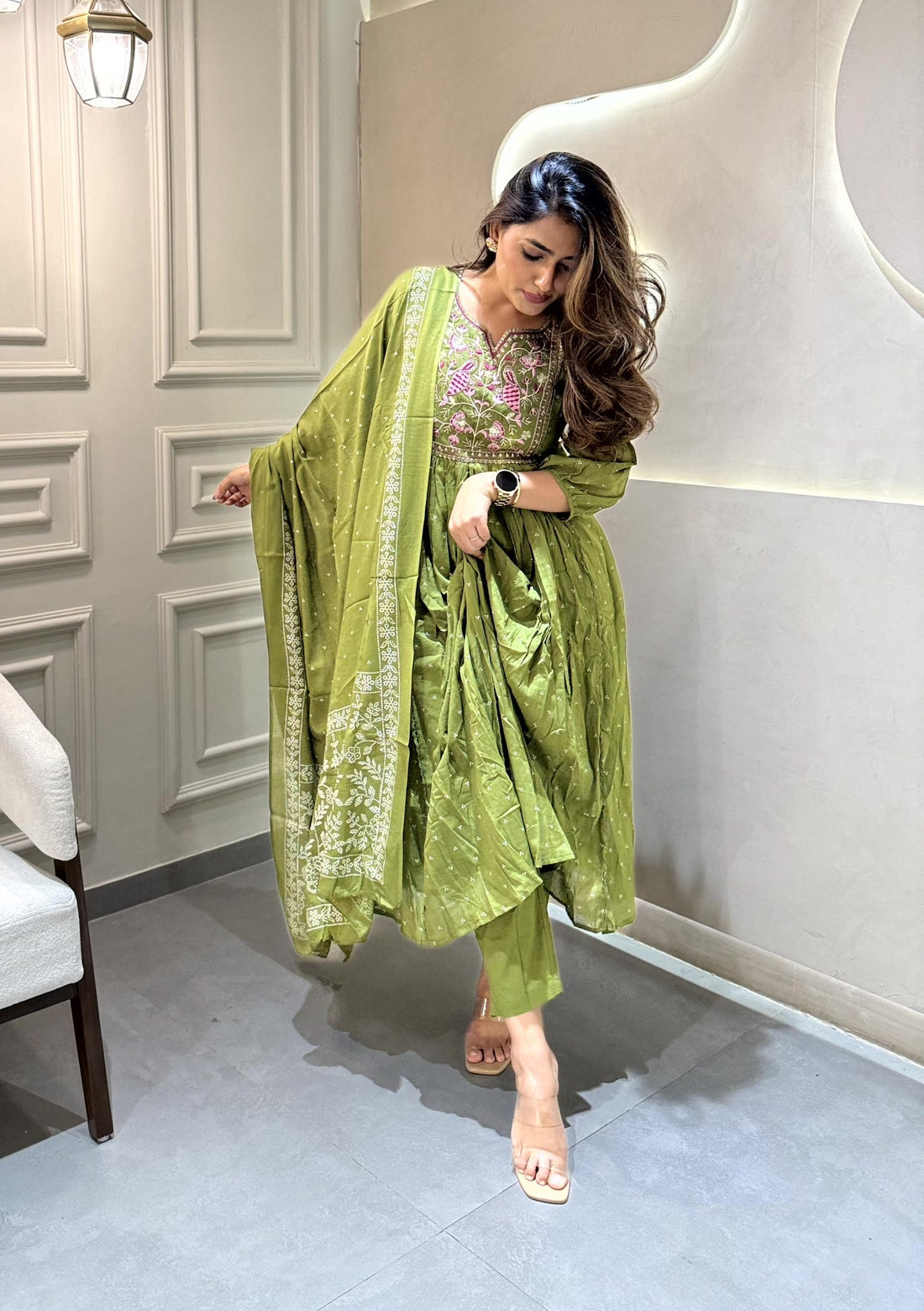 Printed Cotton Green  Kurti Set