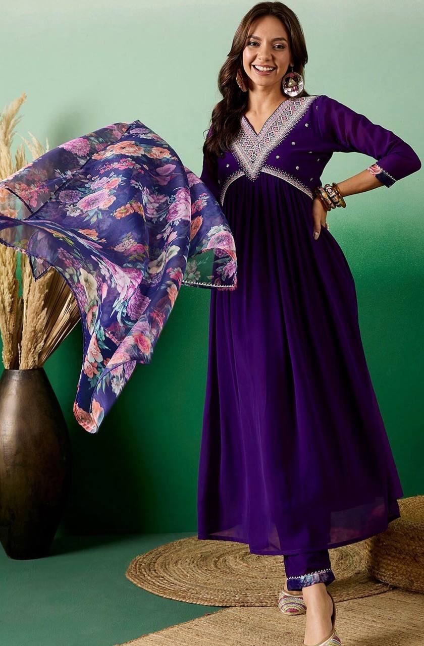 Women Georgette With Embrodairy Flared Kurta Set