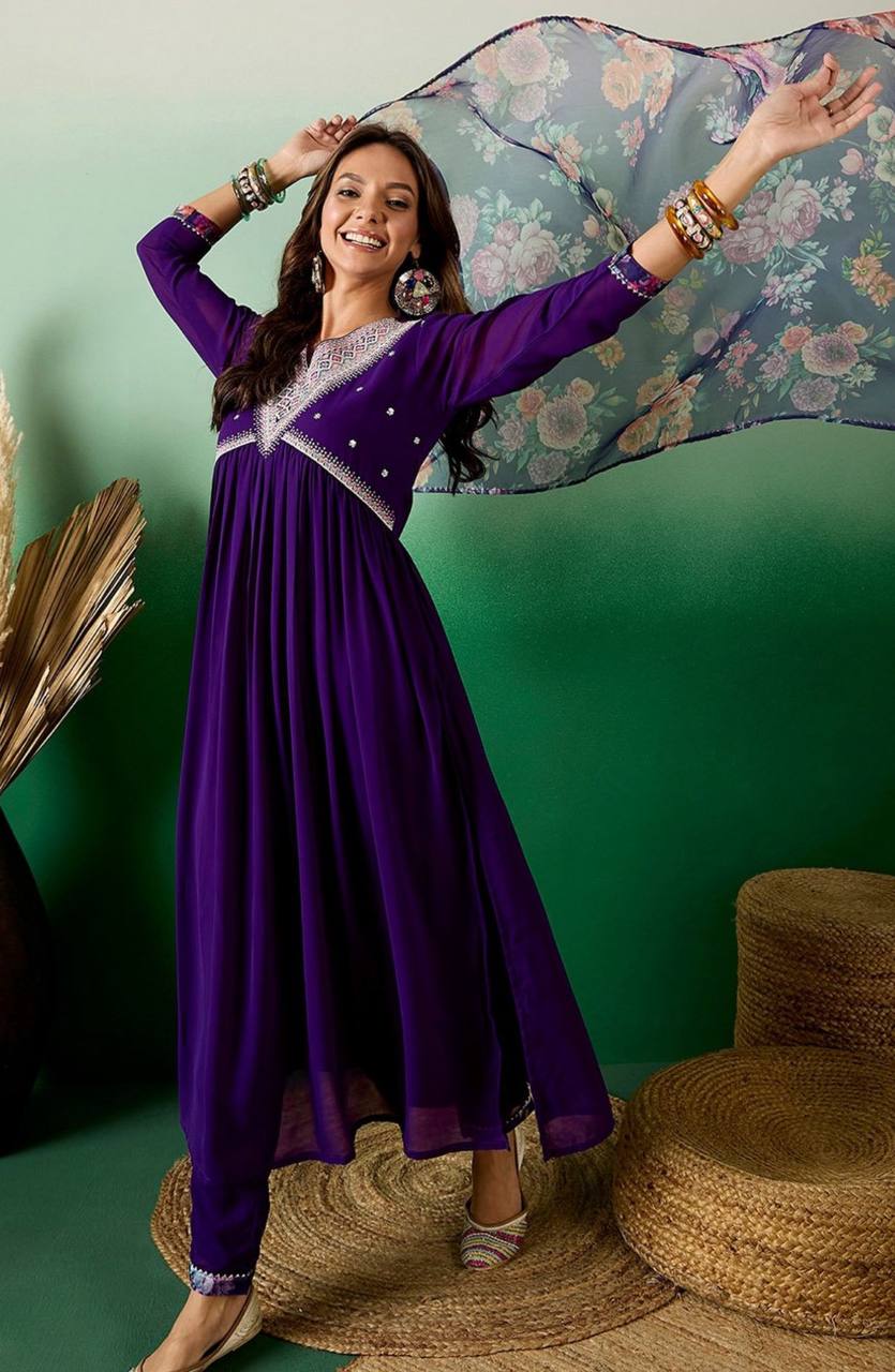 Women Georgette With Embrodairy Flared Kurta Set