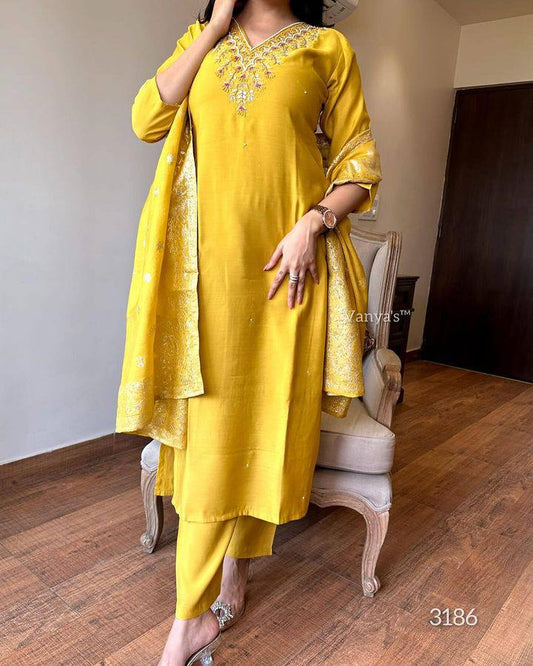 WOMEN Embrodairy Stright Musturd Kurta Set