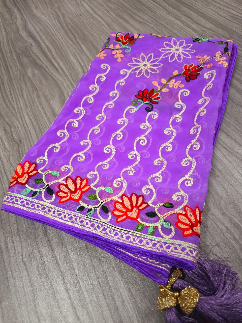 New Fancy Georgette Purple  Floral Embroidery Dupatta