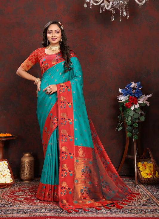 Banarasi Soft Silk Red And Rama  Saree