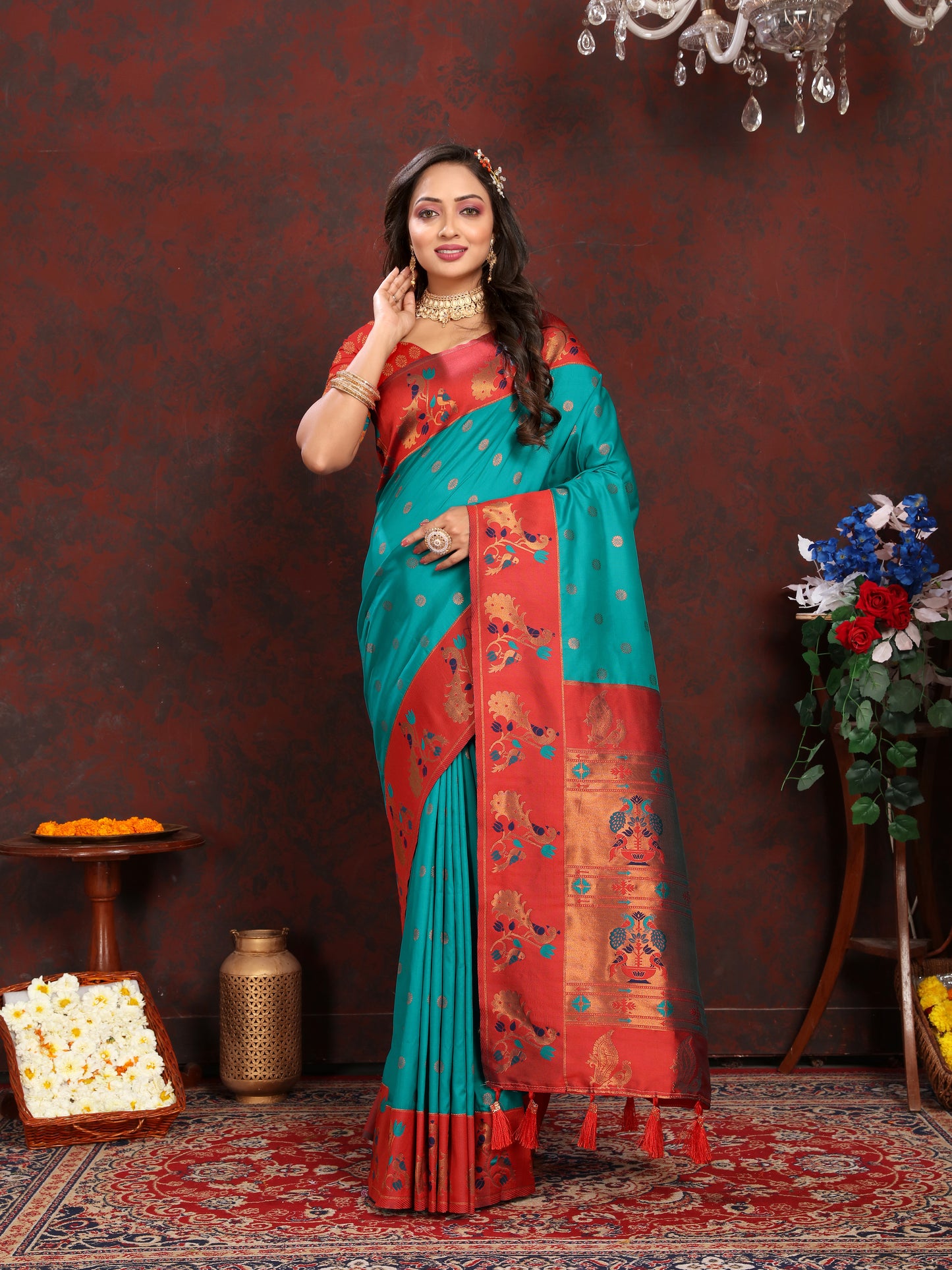Banarasi Soft Silk Red And Rama  Saree