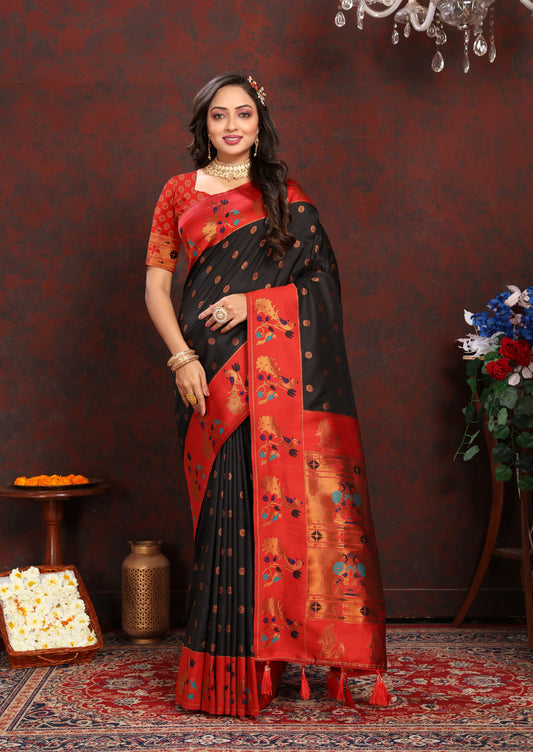 Banarasi Soft Silk Red And Black  Saree