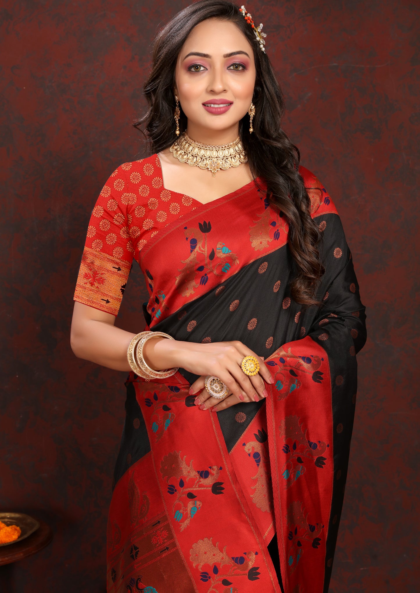 Banarasi Soft Silk Red And Black  Saree