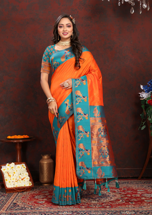 Banarasi Soft Silk Orange And Rama  Saree
