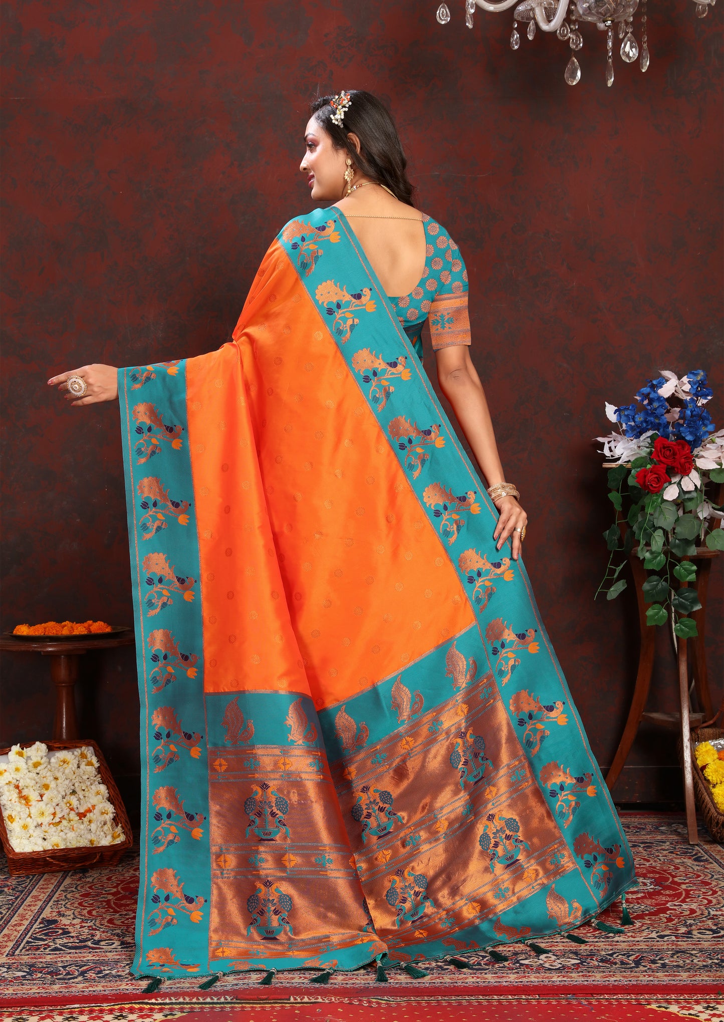 Banarasi Soft Silk Orange And Rama  Saree