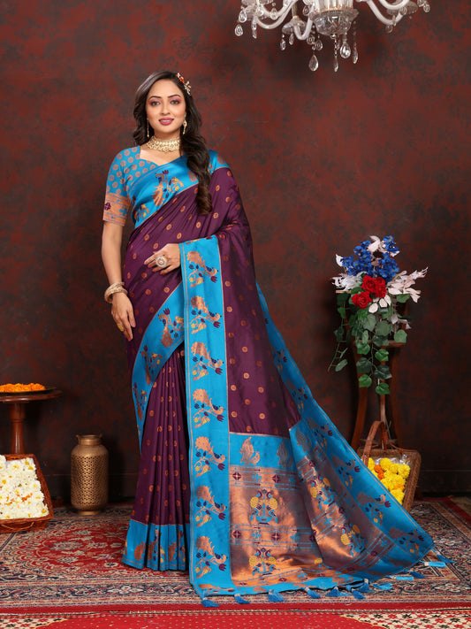 Banarasi Soft Silk Purple And Blue  Saree