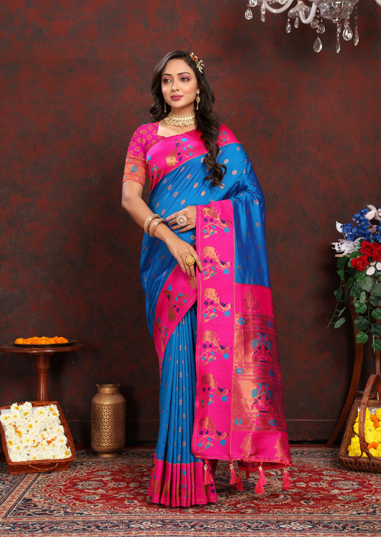 Banarasi Soft Silk Blue And Pink  Saree