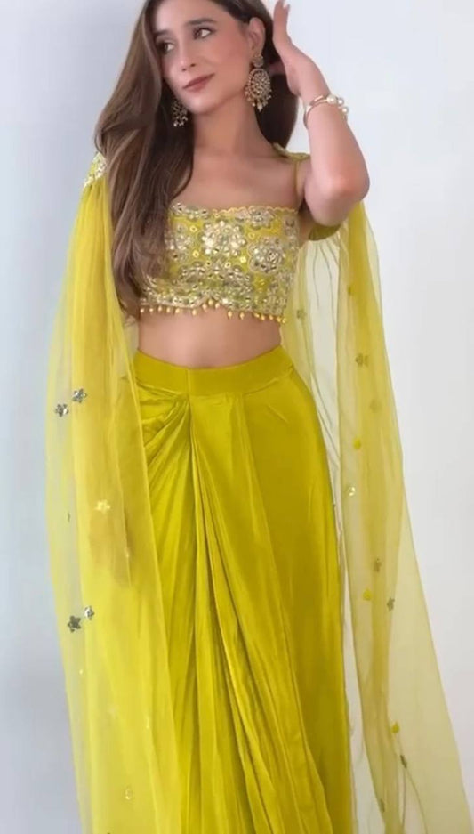 French Silk Mirror Embroidery Lehenga Choli Set