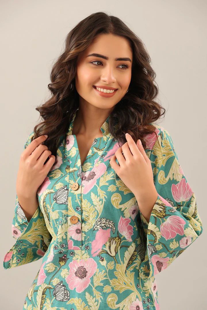Fancy Digital Printed Green  Kurti Plaza Set